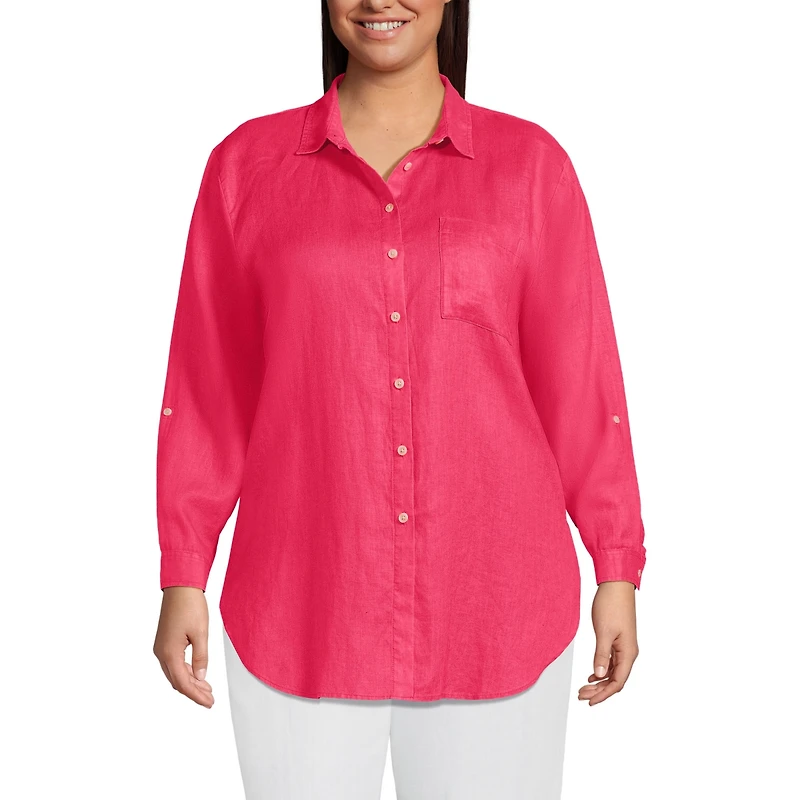 Lands' End Women's Plus Linen Roll Sleeve Oversized Relaxed Tunic Top