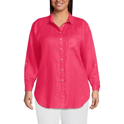 Lands' End Women's Plus Linen Roll Sleeve Oversized Relaxed Tunic Top