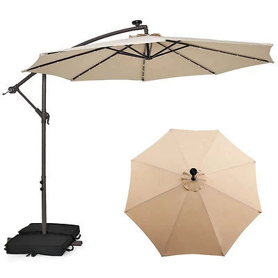 Patio 10FT Hanging Offset Umbrella 32 Led Lights Sand Bag Outdoor Cross Base