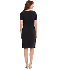 London Times Petite Solid Bow-Neck Short-Sleeve Sheath Dress