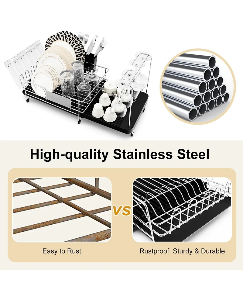 Stainless Steel Expandable Dish Rack with Drain board and Swivel Spout