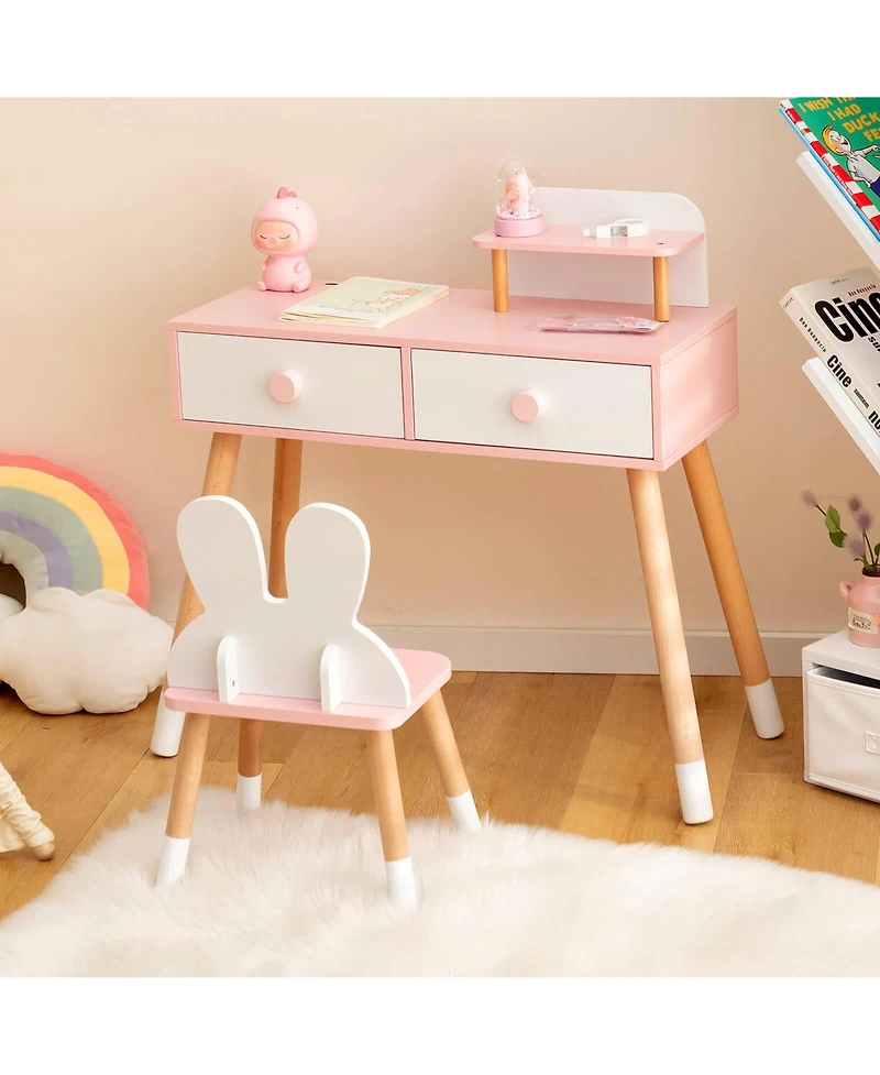 Slickblue Kids Vanity Table and Chair Set with Drawer Shelf Rabbit Mirror