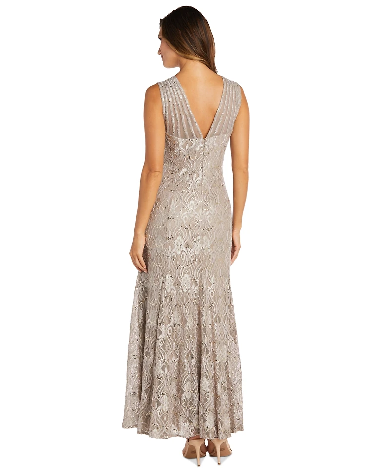 R & M Richards Women's Long Embellished Illusion-Detail Lace Gown