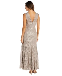 R & M Richards Women's Long Embellished Illusion-Detail Lace Gown