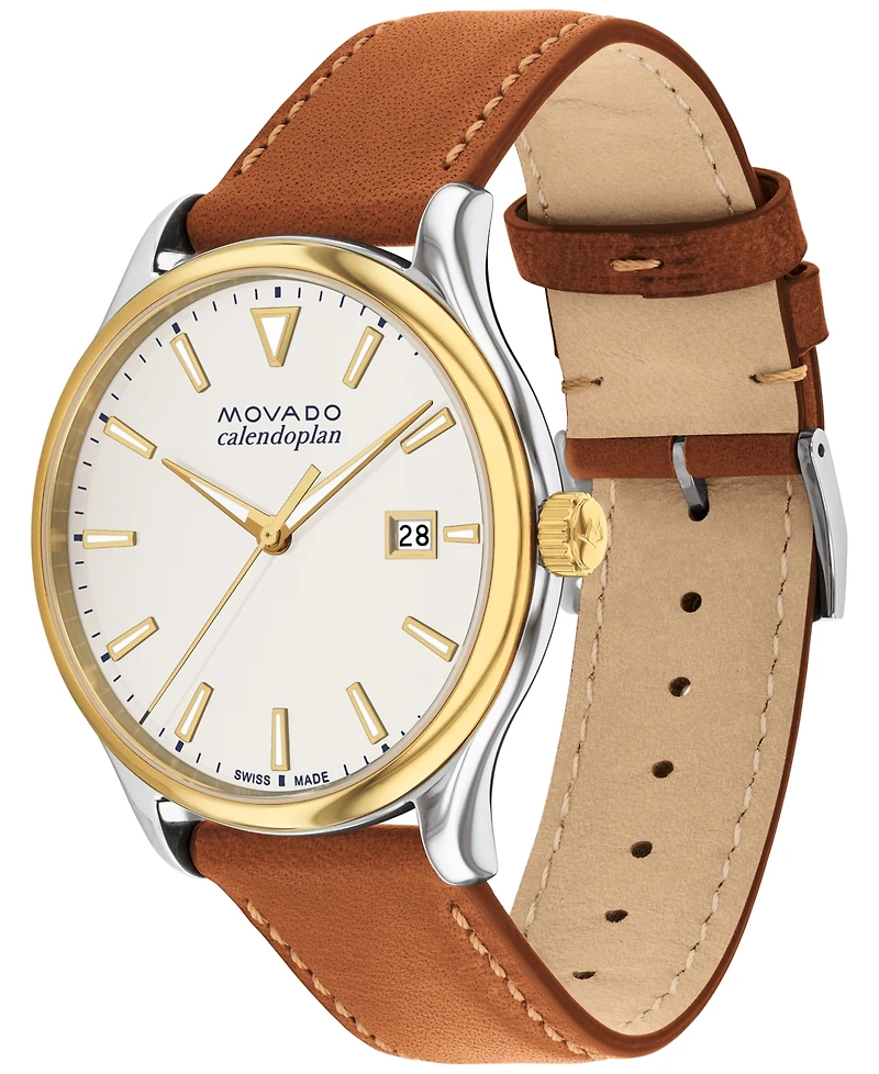 Movado Men's Swiss Calendoplan Cognac Brown Leather Strap Watch 40mm