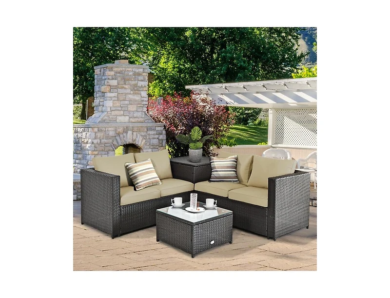Slickblue 4 Pieces Outdoor Patio Rattan Furniture Set with Loveseat and Storage Box