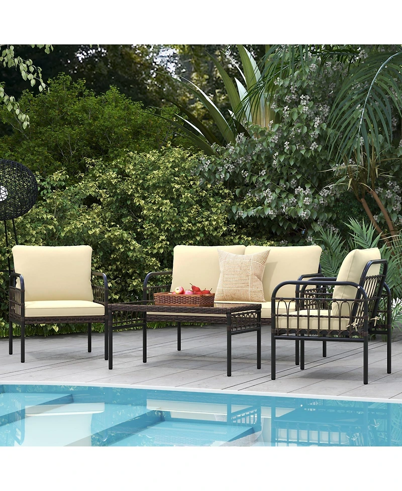 Slickblue 4 Pieces Outdoor Wicker Conversation Bistro Set with Soft Cushions and Tempered Glass Coffee Table-Beige