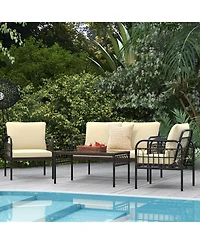 Slickblue 4 Pieces Outdoor Wicker Conversation Bistro Set with Soft Cushions and Tempered Glass Coffee Table-Beige