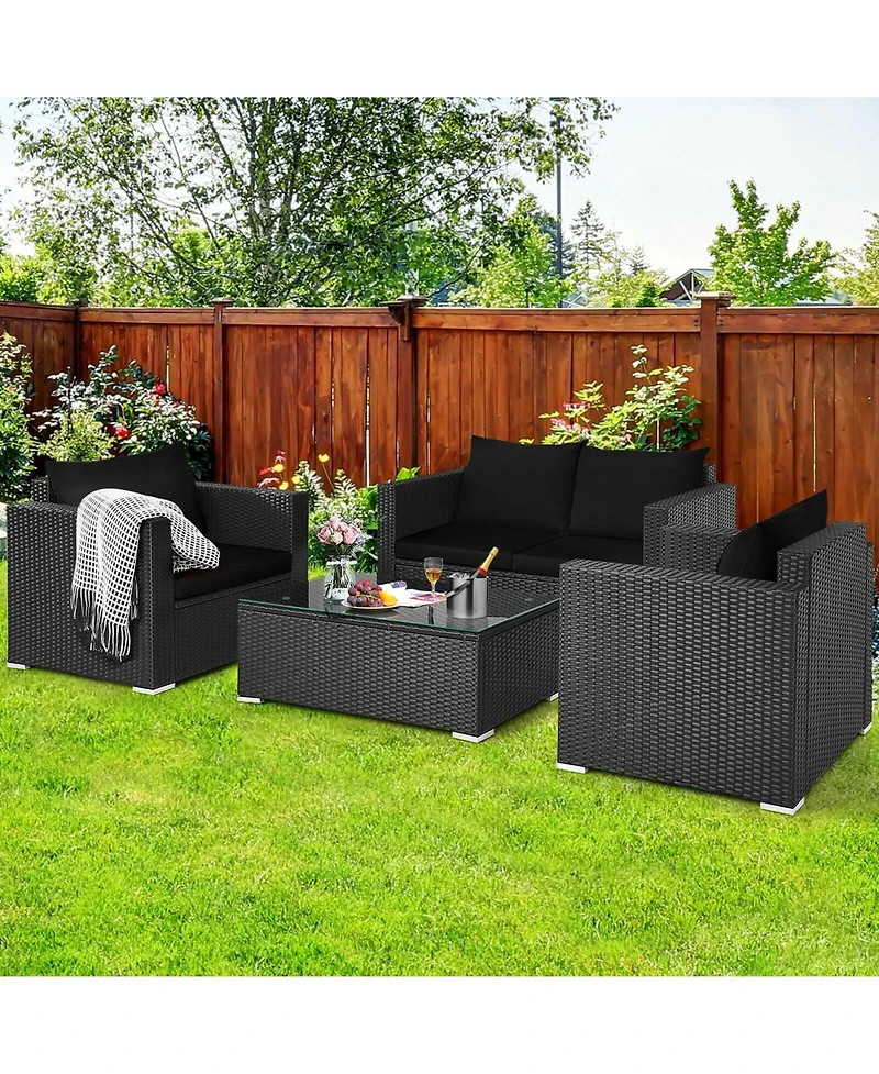 Slickblue 4 Pieces Patio Rattan Conversation Set with Padded Cushion and Tempered Glass Coffee Table