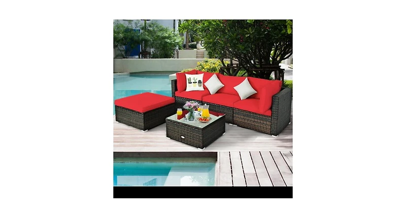 Slickblue 5 Pieces Outdoor Patio Rattan Furniture Set With Cushions-Red