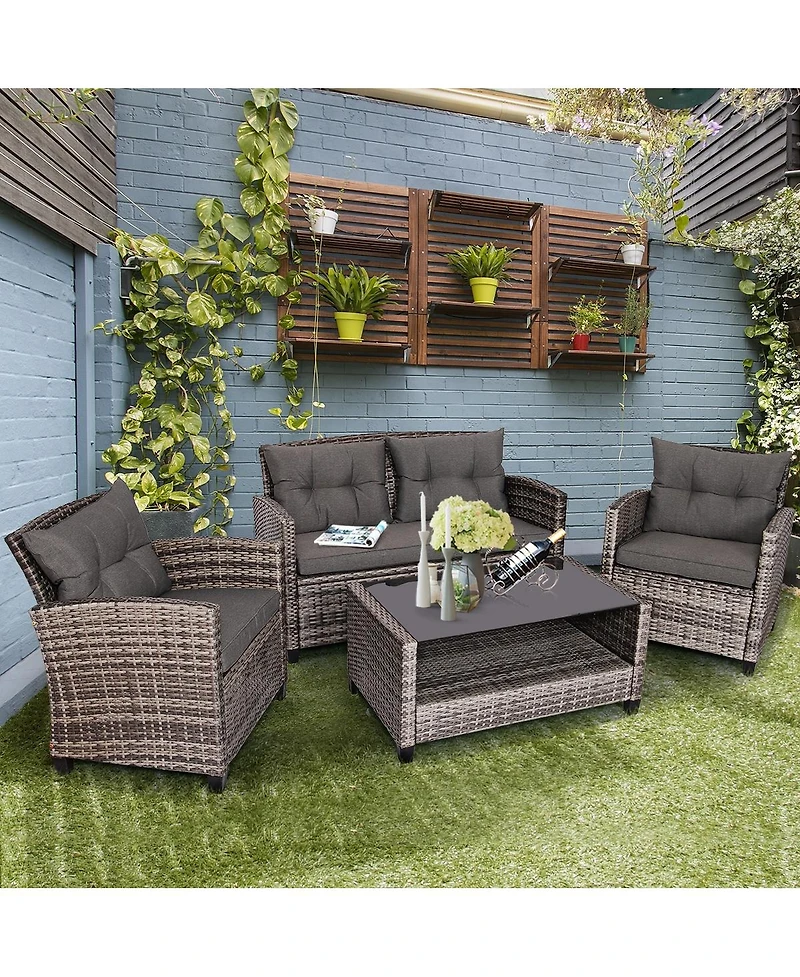 Slickblue 4 Pieces Patio Rattan Furniture Set Coffee Table Cushioned Sofa