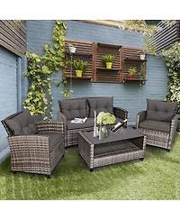 Slickblue 4 Pieces Patio Rattan Furniture Set Coffee Table Cushioned Sofa