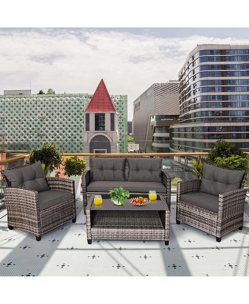 Slickblue 4 Pieces Patio Rattan Furniture Set Coffee Table Cushioned Sofa