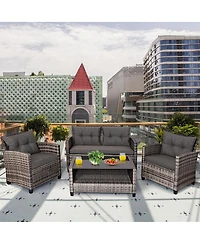 Slickblue 4 Pieces Patio Rattan Furniture Set Coffee Table Cushioned Sofa