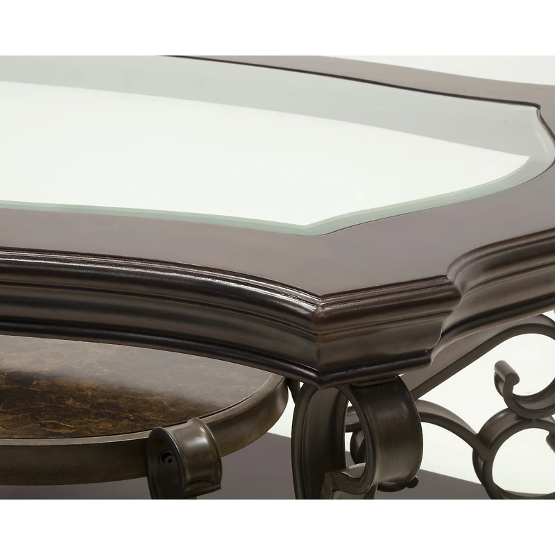 Cocktail Table, Glass table top, Mdf W/marble paper middle shelf, powder coat finish metal legs. (52"Lx32"Wx20"H)