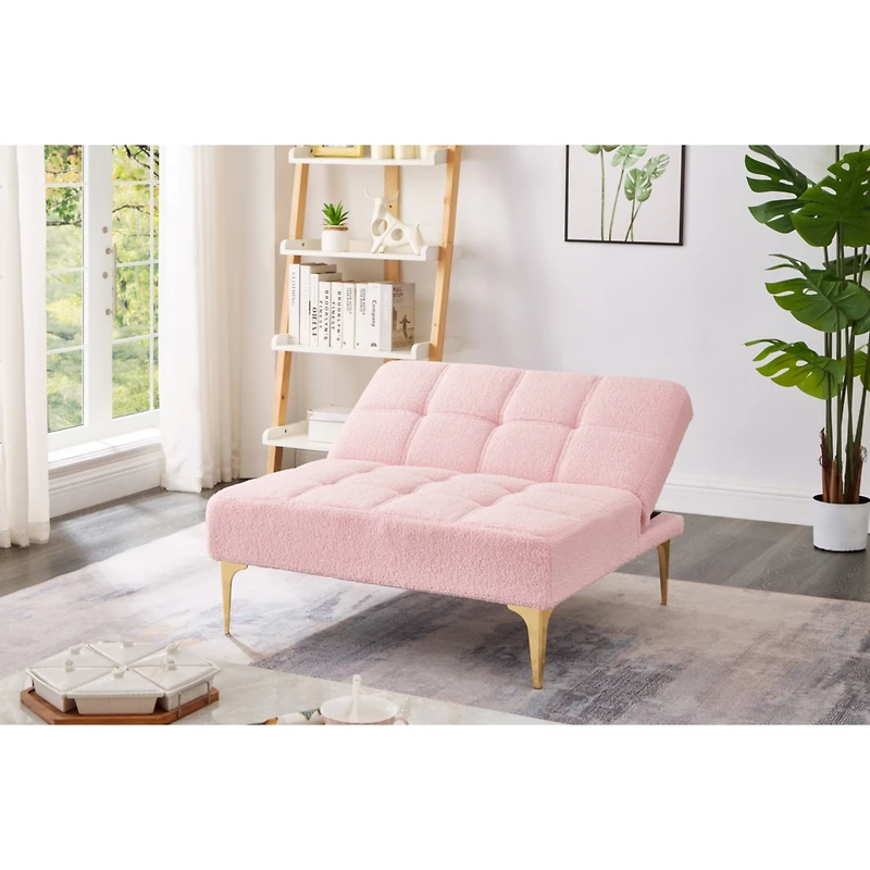 Convertible Single Sofa Bed Futon With Gold Metal Legs Teddy Fabric (Pink)