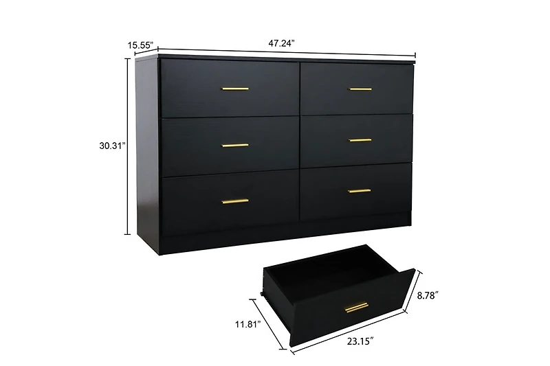 Streamdale Modern Black 6-Drawer Dresser, Amplified Storage