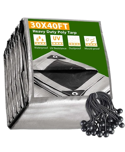 Yescom 30x40 Ft Waterproof Poly Tarp with 25 Ball Bungees Protect Cover 10mil Tarpaulin