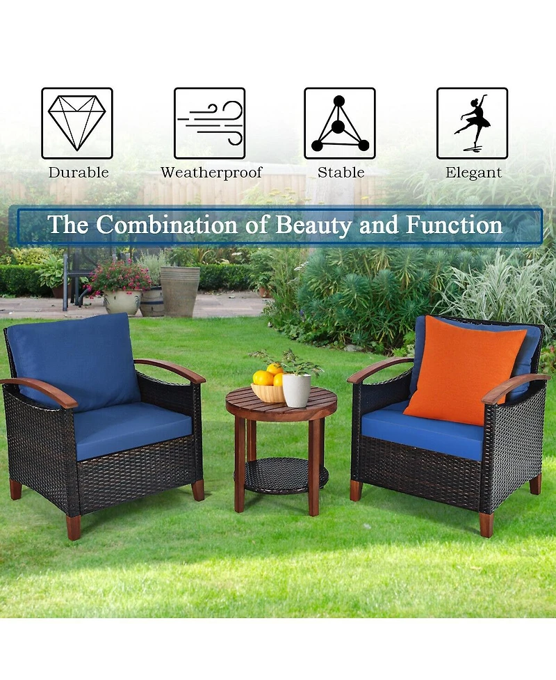 Slickblue 3 Pieces Patio Rattan Furniture Set with Washable Cushion and Acacia Wood Tabletop