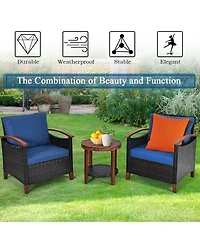 Slickblue 3 Pieces Patio Rattan Furniture Set with Washable Cushion and Acacia Wood Tabletop
