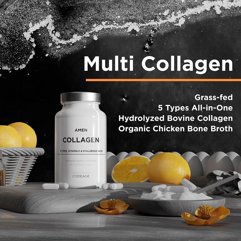 Amen Multi Collagen Peptides Capsules with Hyaluronic Acid and Vitamin C - 5 Types of Collagen Protein Type I, Ii, Iii, V, X - Grass Fed Hydrolyzed