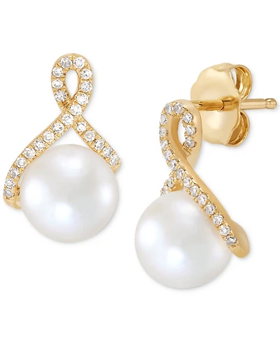 Honora Cultured Freshwater Pearl (7mm) & Diamond (1/6 ct. t.w.) Drop Earrings in 14k Gold