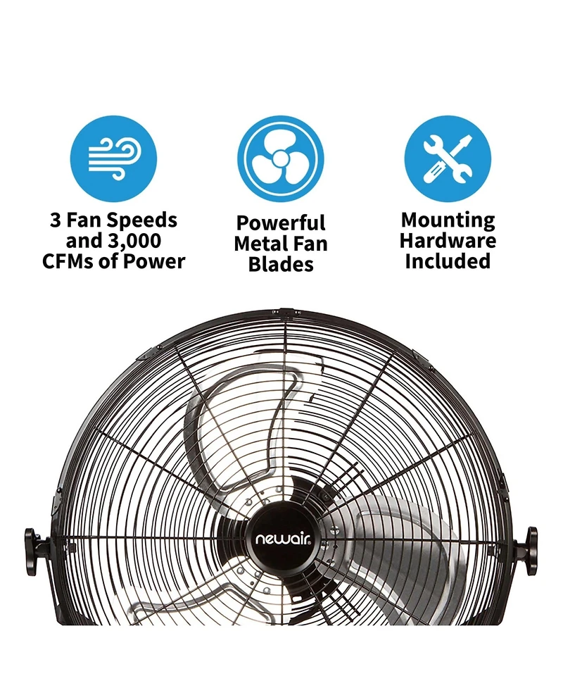 Newair 18" High Velocity Wall Mount Fan, Heavy Duty Outdoor Fan, Adjustable Tilt and 3 Speeds up to 4012 Cfm, Pull Chain Switch | Wall Fan or Garage F