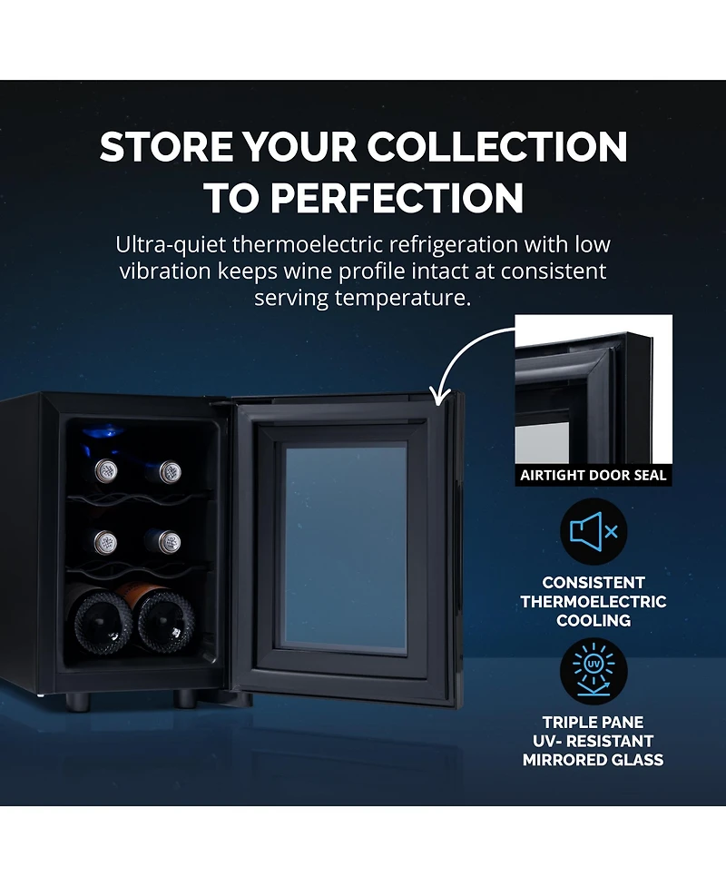 Newair Shadow-t Series Wine Cooler Refrigerator, 6 Bottle Countertop Mirrored Compact Wine Cellar with Triple-Layer Tempered Glass Door, Vibration-Fre