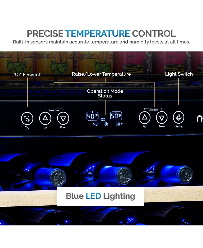 Newair 24" Built-in Dual Zone 20 Bottle and 70 Can Wine and Beverage Fridge in Stainless Steel with Split Shelf and Smooth Rolling Shelves