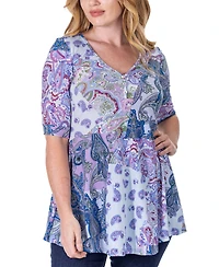 24seven Comfort Apparel Print Elbow Sleeve V Neck Henley Tunic Top