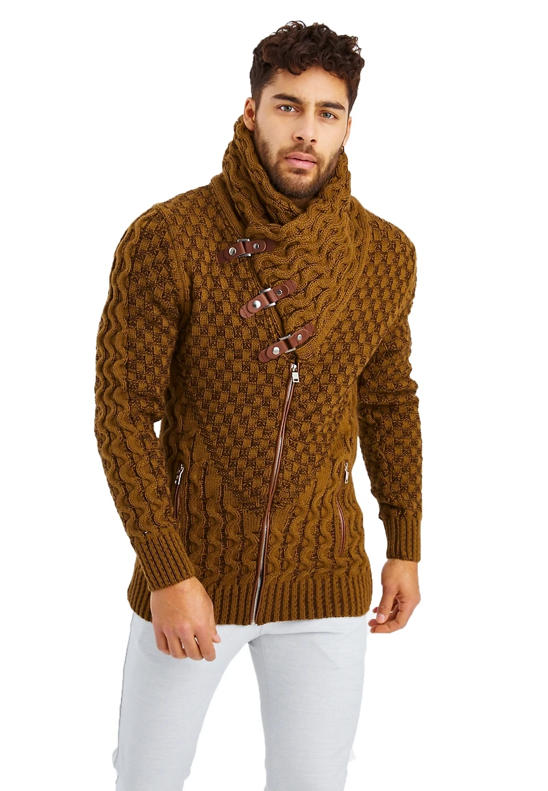 Leif Nelson Men's Knitted Shawl Collar Cardigan with Leather Buckle Detail
