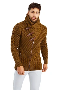 Leif Nelson Men's Knitted Shawl Collar Cardigan with Leather Buckle Detail