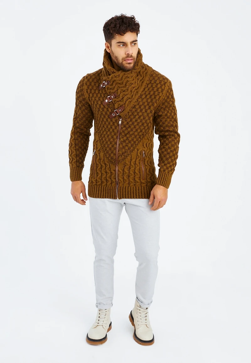 Leif Nelson Men's Knitted Shawl Collar Cardigan with Leather Buckle Detail