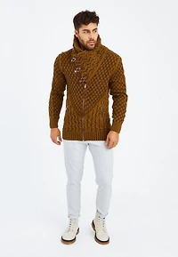 Leif Nelson Men's Knitted Shawl Collar Cardigan with Leather Buckle Detail