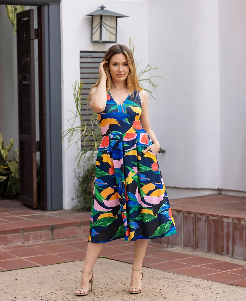 24seven Comfort Apparel Print Sleeveless Pleated Pocket Midi Dress