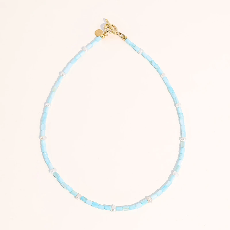 Joey Baby 16" Lusia Necklace with Baby Blue Dyed Shell Pearls and Freshwater Pearl Accents in 18 K Gold Plated Stainless Steel