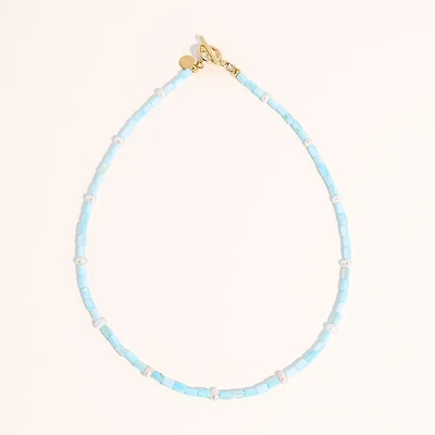 Joey Baby 16" Lusia Necklace with Baby Blue Dyed Shell Pearls and Freshwater Pearl Accents in 18 K Gold Plated Stainless Steel