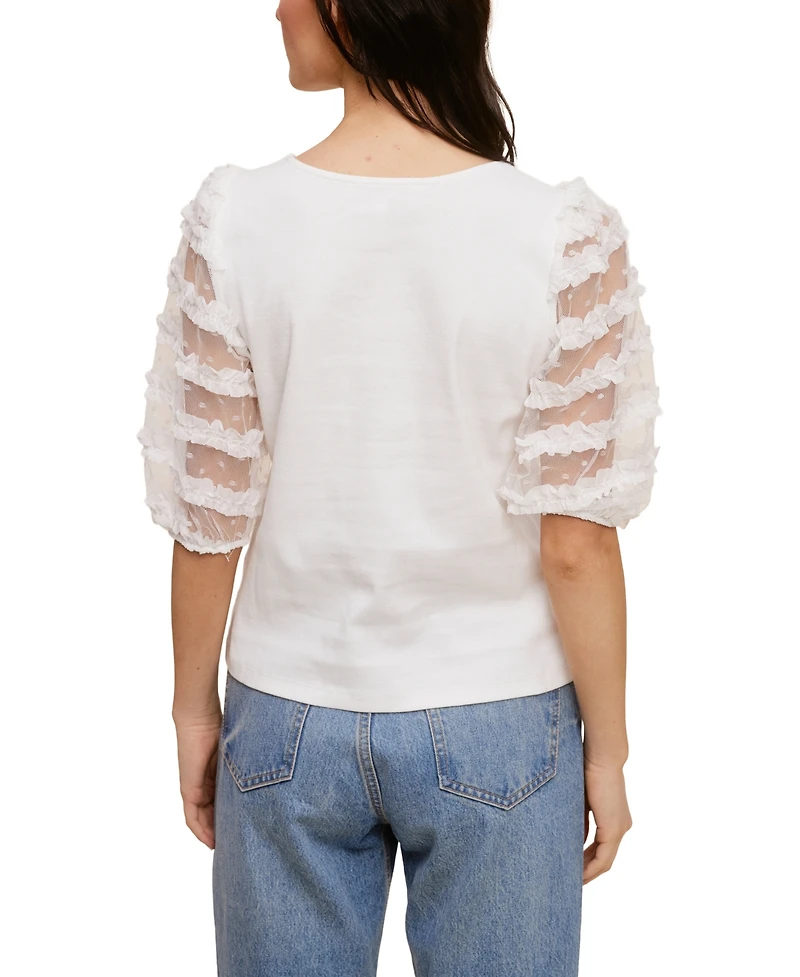 Fever Ribbed Knit Top With Ruffle Mesh Puff Sleeve