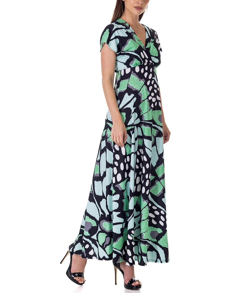 24seven Comfort Apparel Print V Neck Empire Waist Kimono Cap Sleeve Maxi Dress