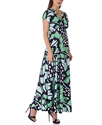 24seven Comfort Apparel Print V Neck Empire Waist Kimono Cap Sleeve Maxi Dress