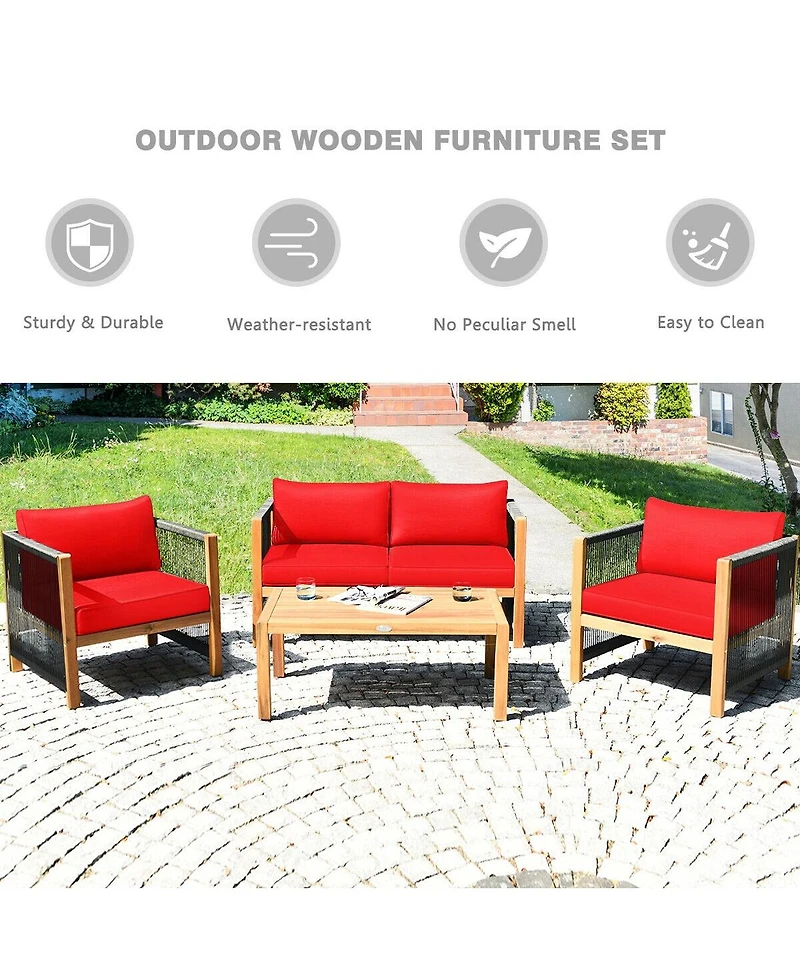 Sugift 4 Pieces Acacia Wood Sofa Set with Cushions for Outdoor Patio