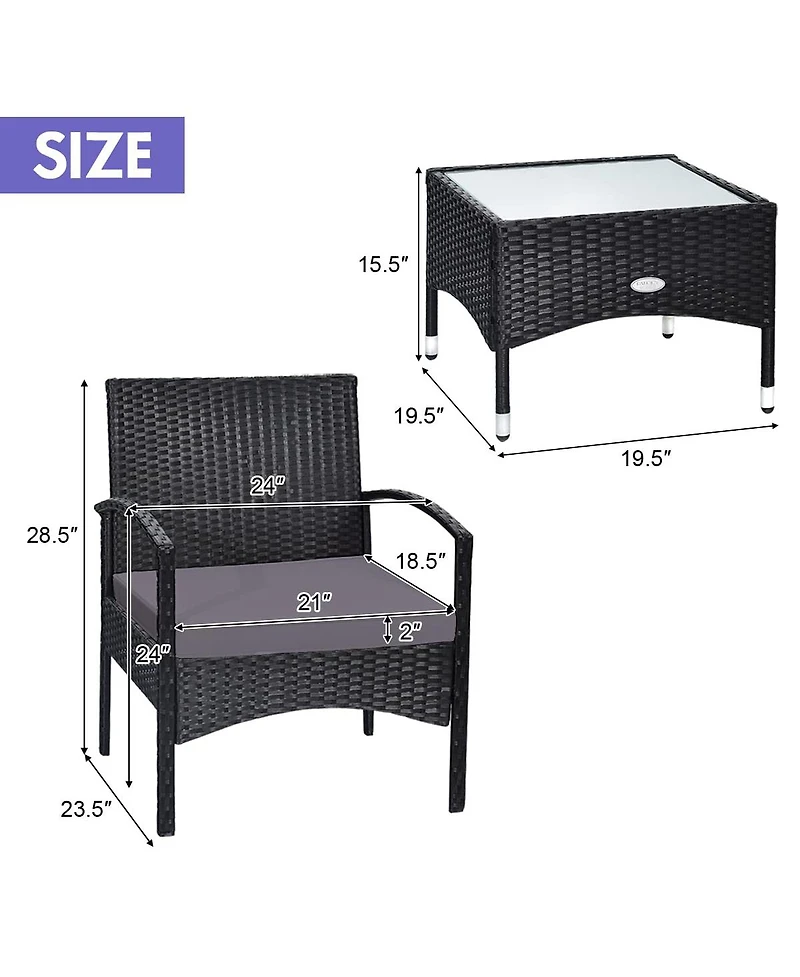 Sugift 3 Pieces Patio Wicker Rattan Furniture Set with Cushion for Lawn Backyard
