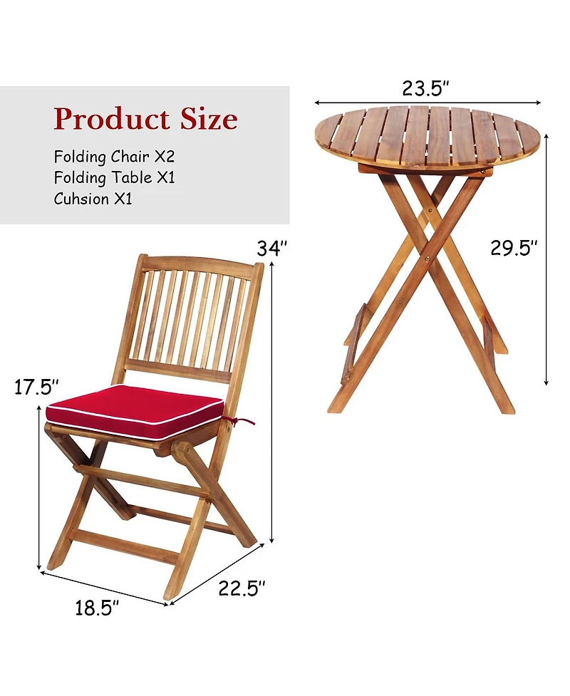 Sugift 3 Pieces Patio Folding Bistro Set with Padded Cushion and Round Coffee Table