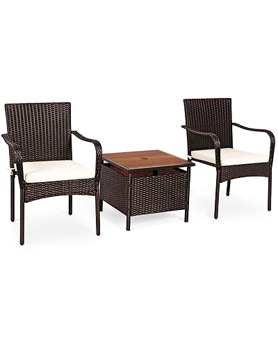 Inolait 3 Pieces Patio Rattan Furniture Bistro Set with Wood Side Table and Stackable Chair