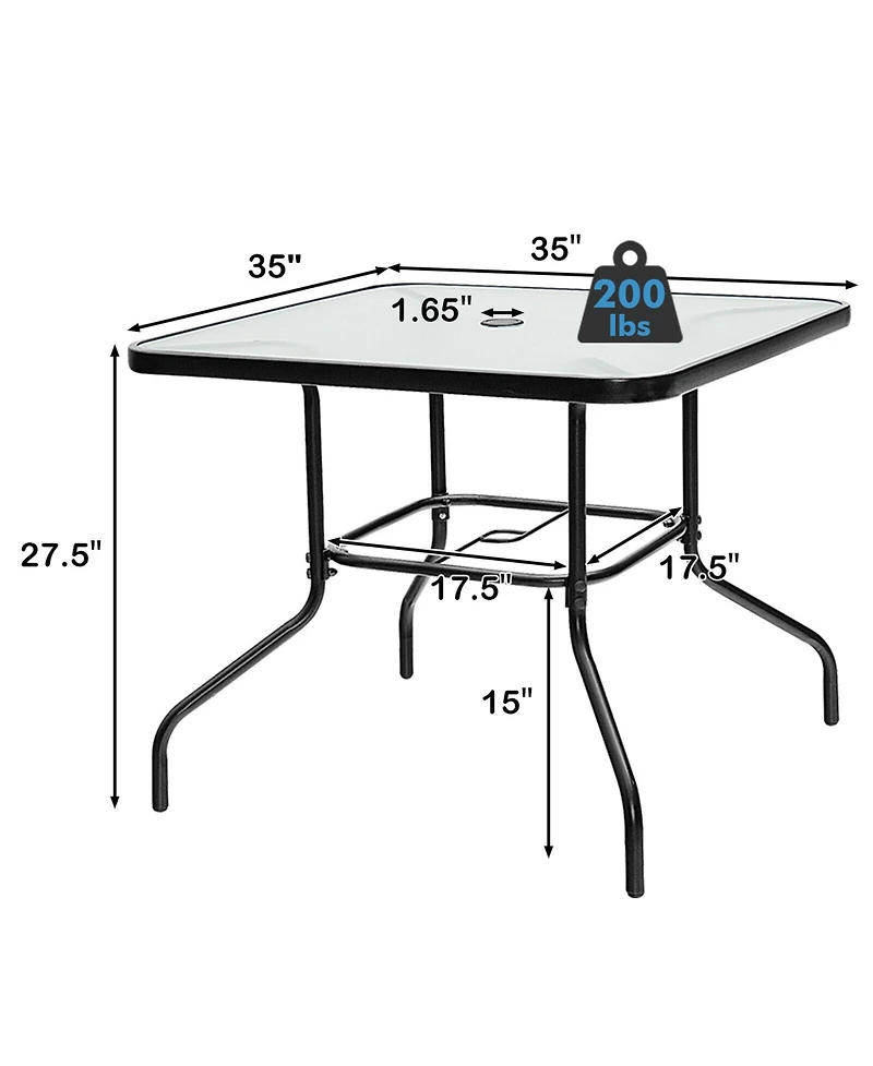 Sugift 35 Inch Patio Dining Square Tempered Glass Table with Umbrella Hole