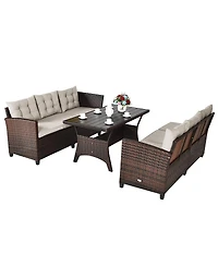 3 Pieces Hand-Woven Rattan Outdoor Sofa Set with Dining Table