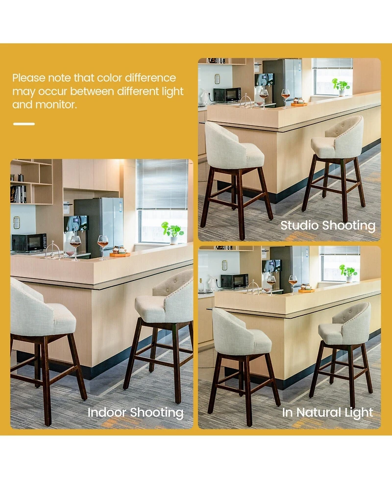 Sugift Set of 2 Swivel Bar Stools with Rubber Wood Legs and Padded Back