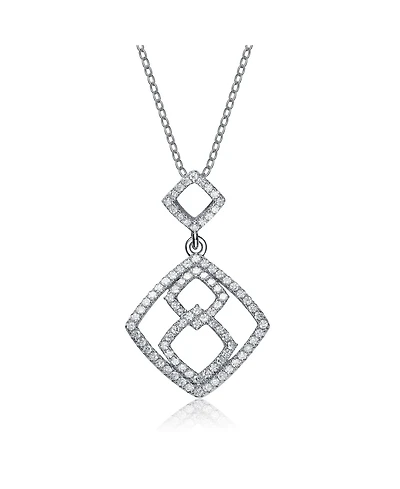 Sterling Silver White Gold Plated and Cubic Zirconia Hollow Double Square Pendant