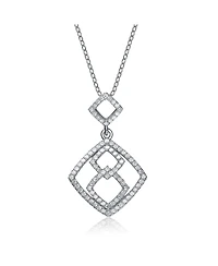 Sterling Silver White Gold Plated and Cubic Zirconia Hollow Double Square Pendant