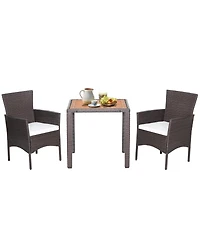 3 Pieces Patio Wicker Furniture Set wih Acacia Wood Table Top and Chair Cushiones